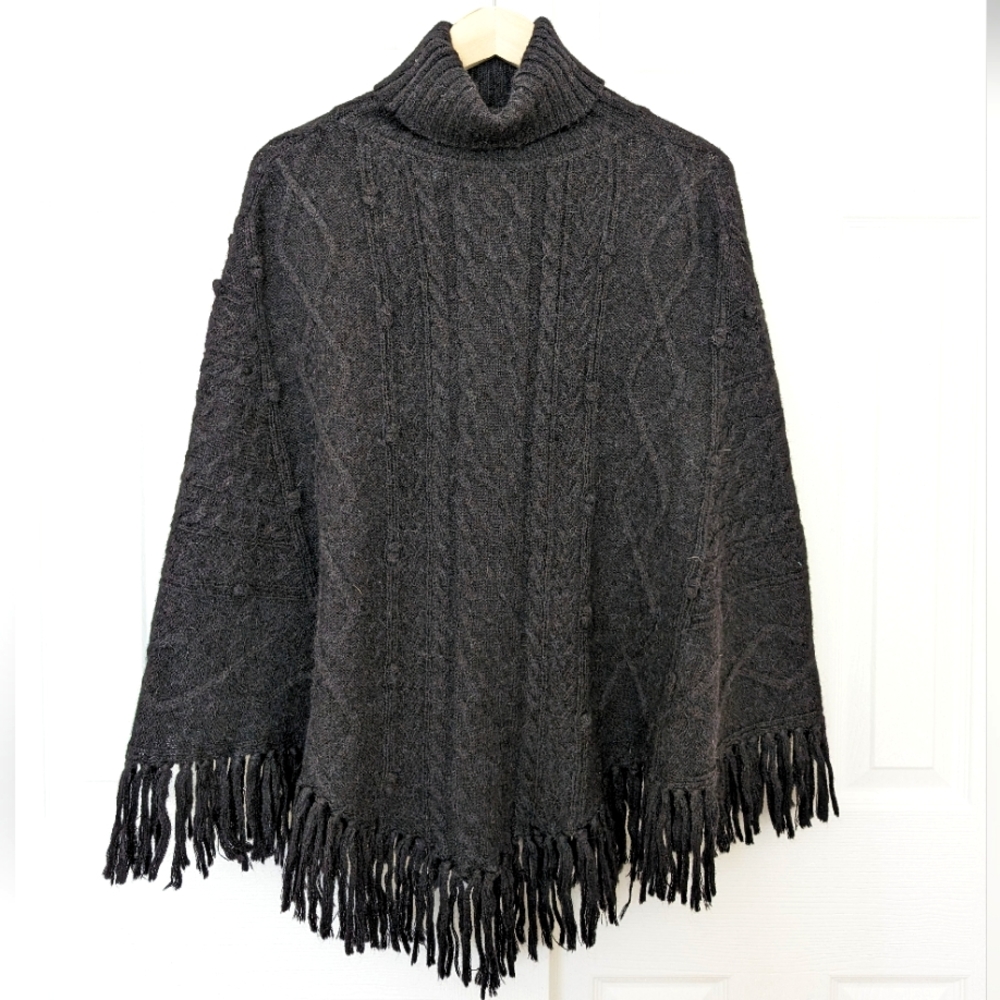 Acrobat Alpaca Wool Blend Winter Cowl Turtle Neck Poncho Fringed hem, Black O/S